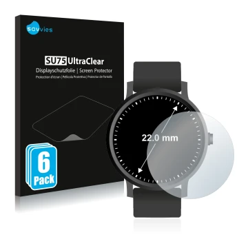 Vorderseite einer Produktverpackung mit dem Markenlogo Savvies. Daneben ist das Gerät Armbanduhren (Kreisrund, ø: 22 mm) mit d