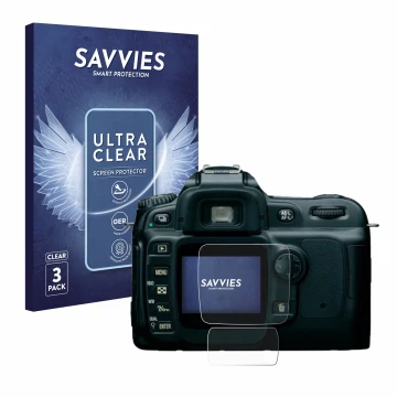 Vorderseite einer Produktverpackung mit dem Markenlogo Savvies. Daneben ist das Gerät Nikon D50 mit dem zugehörigen Displaysch