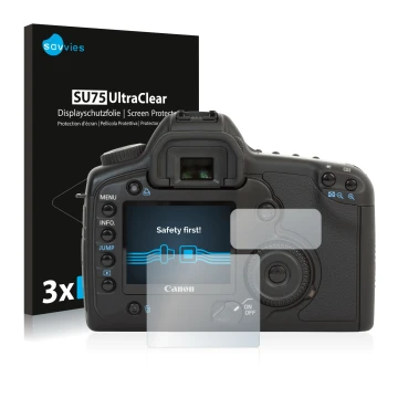 Vorderseite einer Produktverpackung mit dem Markenlogo Savvies. Daneben ist das Gerät Canon EOS 5D mit dem zugehörigen Display