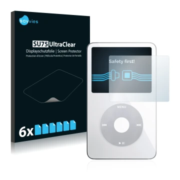 Vorderseite einer Produktverpackung mit dem Markenlogo Savvies. Daneben ist das Gerät Apple iPod classic video Display (5. Gen