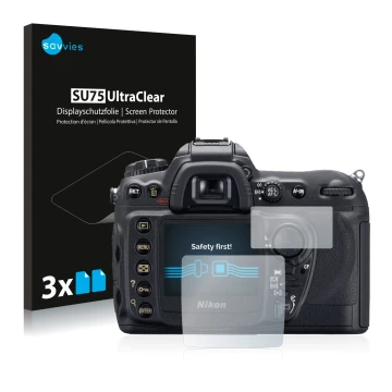 Vorderseite einer Produktverpackung mit dem Markenlogo Savvies. Daneben ist das Gerät Nikon D200 mit dem zugehörigen Displaysc