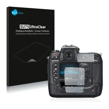 Vorderseite einer Produktverpackung mit dem Markenlogo Savvies. Daneben ist das Gerät Nikon D2X mit dem zugehörigen Displaysch