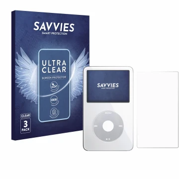 Vorderseite einer Produktverpackung mit dem Markenlogo Savvies. Daneben ist das Gerät Apple iPod Classic Video (Display+Rückse