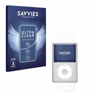 Vorderseite einer Produktverpackung mit dem Markenlogo Savvies. Daneben ist das Gerät Apple iPod Classic (Display+Rückseite, 5