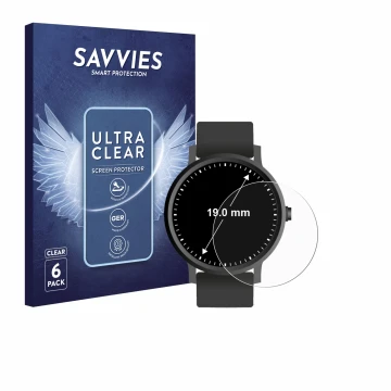 Vorderseite einer Produktverpackung mit dem Markenlogo Savvies. Daneben ist das Gerät Armbanduhren (Kreisrund, ø: 19 mm) mit d