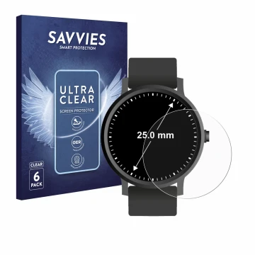 Vorderseite einer Produktverpackung mit dem Markenlogo Savvies. Daneben ist das Gerät Armbanduhren (Kreisrund, ø: 25 mm) mit d