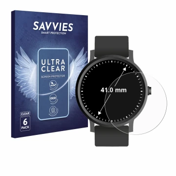 Vorderseite einer Produktverpackung mit dem Markenlogo Savvies. Daneben ist das Gerät Armbanduhren (Kreisrund, ø: 41 mm) mit d