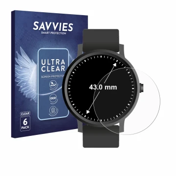 Vorderseite einer Produktverpackung mit dem Markenlogo Savvies. Daneben ist das Gerät Armbanduhren (Kreisrund, ø: 43 mm) mit d