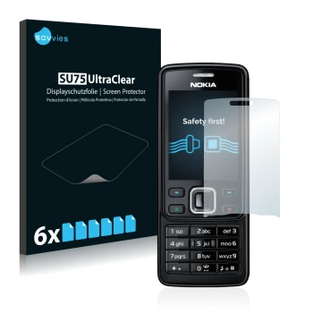 Vorderseite einer Produktverpackung mit dem Markenlogo Savvies. Daneben ist das Gerät Nokia 6300 2007 mit dem zugehörigen Disp