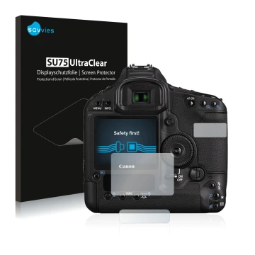 Vorderseite einer Produktverpackung mit dem Markenlogo Savvies. Daneben ist das Gerät Canon EOS 1D Mark III mit dem zugehörige