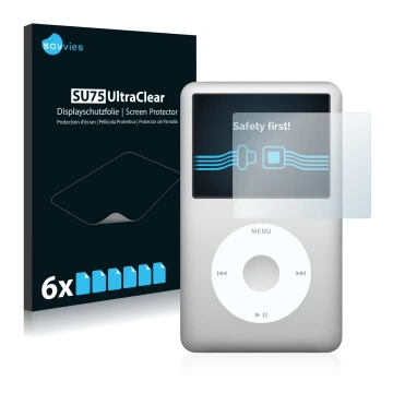 Vorderseite einer Produktverpackung mit dem Markenlogo Savvies. Daneben ist das Gerät Apple iPod Classic (6. Gen.) mit dem zug