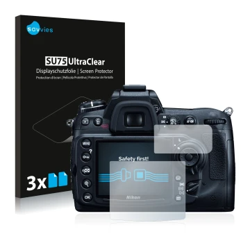 Vorderseite einer Produktverpackung mit dem Markenlogo Savvies. Daneben ist das Gerät Nikon D300 mit dem zugehörigen Displaysc