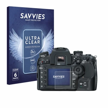 Vorderseite einer Produktverpackung mit dem Markenlogo Savvies. Daneben ist das Gerät Konica Minolta Dynax 7D mit dem zugehöri
