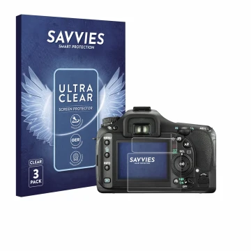Vorderseite einer Produktverpackung mit dem Markenlogo Savvies. Daneben ist das Gerät Pentax K20D mit dem zugehörigen Displays