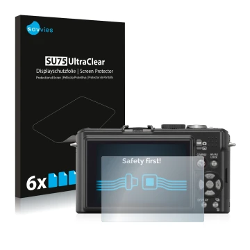 Vorderseite einer Produktverpackung mit dem Markenlogo Savvies. Daneben ist das Gerät Panasonic Lumix DMC-LX3 mit dem zugehöri