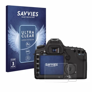 Vorderseite einer Produktverpackung mit dem Markenlogo Savvies. Daneben ist das Gerät Canon EOS 5D Mark II mit dem zugehörigen