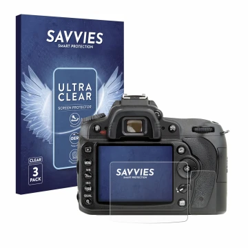 Vorderseite einer Produktverpackung mit dem Markenlogo Savvies. Daneben ist das Gerät Nikon D90 mit dem zugehörigen Displaysch