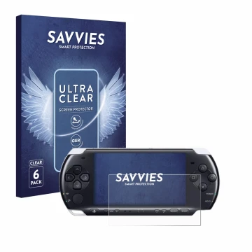 Vorderseite einer Produktverpackung mit dem Markenlogo Savvies. Daneben ist das Gerät Sony PSP 3000 mit dem zugehörigen Displa