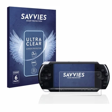 Vorderseite einer Produktverpackung mit dem Markenlogo Savvies. Daneben ist das Gerät Sony PSP 3004 mit dem zugehörigen Displa
