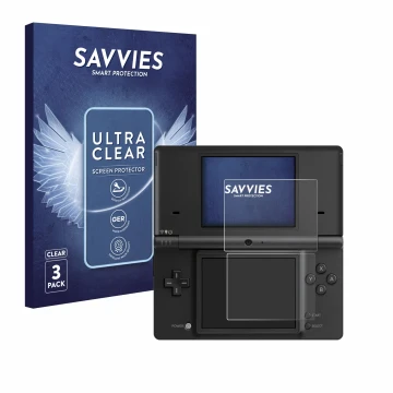 Vorderseite einer Produktverpackung mit dem Markenlogo Savvies. Daneben ist das Gerät Nintendo DSi mit dem zugehörigen Display