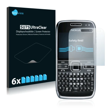 Vorderseite einer Produktverpackung mit dem Markenlogo Savvies. Daneben ist das Gerät Nokia E72 mit dem zugehörigen Displaysch