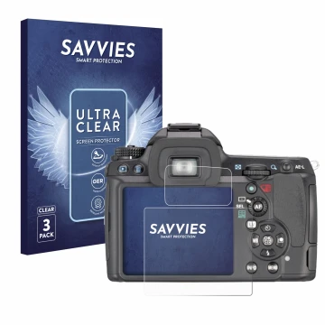 Vorderseite einer Produktverpackung mit dem Markenlogo Savvies. Daneben ist das Gerät Pentax K7, K-7 mit dem zugehörigen Displ