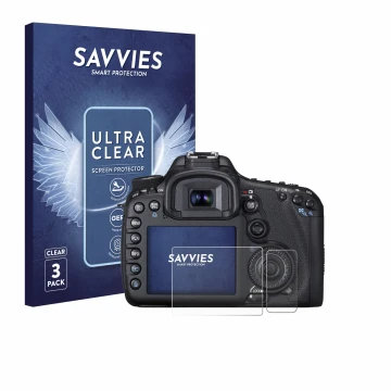 Vorderseite einer Produktverpackung mit dem Markenlogo Savvies. Daneben ist das Gerät Canon EOS 7D mit dem zugehörigen Display