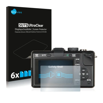 Vorderseite einer Produktverpackung mit dem Markenlogo Savvies. Daneben ist das Gerät Panasonic Lumix DMC-GF1 mit dem zugehöri