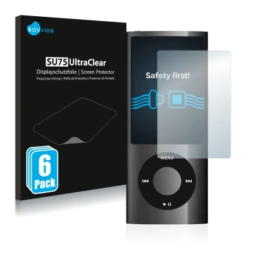 Vorderseite einer Produktverpackung mit dem Markenlogo Savvies. Daneben ist das Gerät Apple iPod nano 2009 (5. Gen.) mit dem z