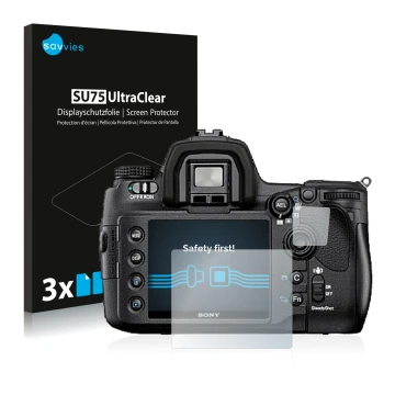 Vorderseite einer Produktverpackung mit dem Markenlogo Savvies. Daneben ist das Gerät Sony Alpha 850 (DSLR-A850) mit dem zugeh