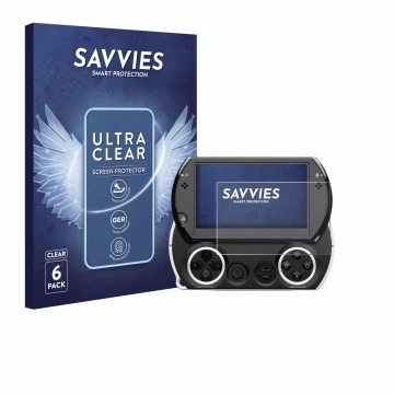Vorderseite einer Produktverpackung mit dem Markenlogo Savvies. Daneben ist das Gerät Sony PSP Go mit dem zugehörigen Displays