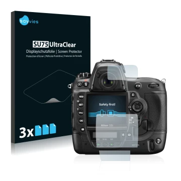Vorderseite einer Produktverpackung mit dem Markenlogo Savvies. Daneben ist das Gerät Nikon D3S mit dem zugehörigen Displaysch