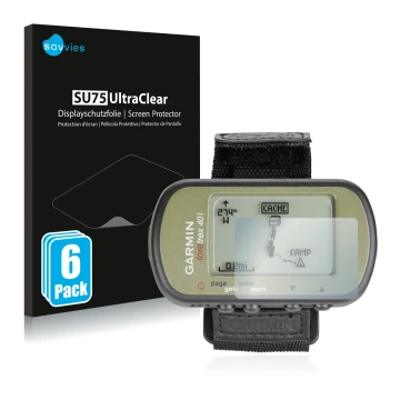 Vorderseite einer Produktverpackung mit dem Markenlogo Savvies. Daneben ist das Gerät Garmin Foretrex 401 mit dem zugehörigen 