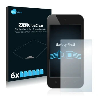 Vorderseite einer Produktverpackung mit dem Markenlogo Savvies. Daneben ist das Gerät mit dem zugehörigen Displayschutz abgebi