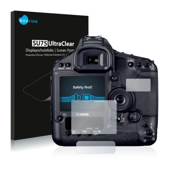 Vorderseite einer Produktverpackung mit dem Markenlogo Savvies. Daneben ist das Gerät Canon EOS 1D Mark IV mit dem zugehörigen