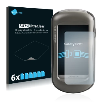 Vorderseite einer Produktverpackung mit dem Markenlogo Savvies. Daneben ist das Gerät Garmin Oregon 450 mit dem zugehörigen Di