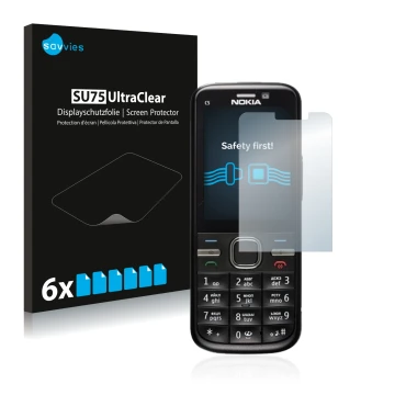 Vorderseite einer Produktverpackung mit dem Markenlogo Savvies. Daneben ist das Gerät Nokia C5-00 mit dem zugehörigen Displays