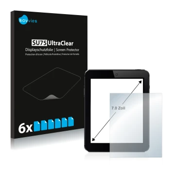 Vorderseite einer Produktverpackung mit dem Markenlogo Savvies. Daneben ist das Gerät mit dem zugehörigen Displayschutz abgebi