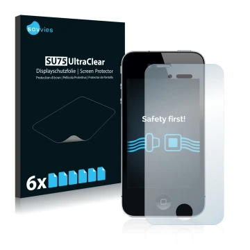 Vorderseite einer Produktverpackung mit dem Markenlogo Savvies. Daneben ist das Gerät Apple iPhone 4 mit dem zugehörigen Displ