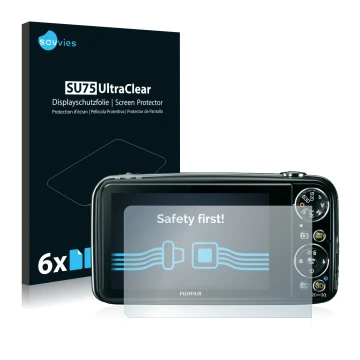 Vorderseite einer Produktverpackung mit dem Markenlogo Savvies. Daneben ist das Gerät Fujifilm FinePix Real 3D W3 mit dem zuge