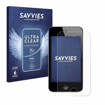 Vorderseite einer Produktverpackung mit dem Markenlogo Savvies. Daneben ist das Gerät Apple iPod Touch (4. Gen.) mit dem zugeh