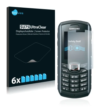 Vorderseite einer Produktverpackung mit dem Markenlogo Savvies. Daneben ist das Gerät Samsung B2710 mit dem zugehörigen Displa