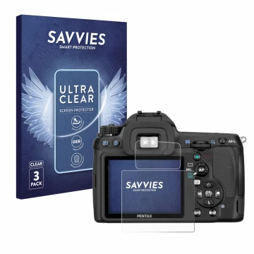 Vorderseite einer Produktverpackung mit dem Markenlogo Savvies. Daneben ist das Gerät Pentax K5, K-5 mit dem zugehörigen Displ