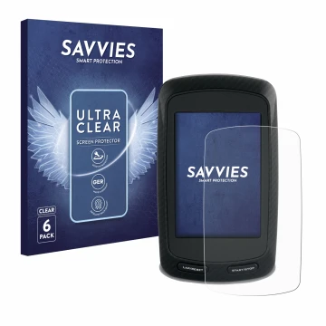 Vorderseite einer Produktverpackung mit dem Markenlogo Savvies. Daneben ist das Gerät Garmin Edge 800 mit dem zugehörigen Disp