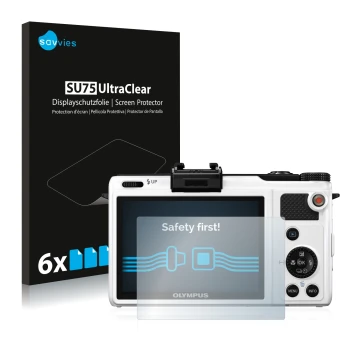 Vorderseite einer Produktverpackung mit dem Markenlogo Savvies. Daneben ist das Gerät Olympus XZ-1 mit dem zugehörigen Display