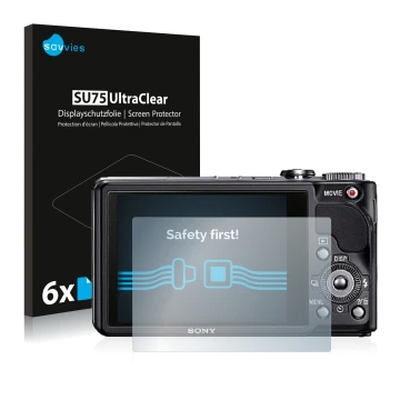 Vorderseite einer Produktverpackung mit dem Markenlogo Savvies. Daneben ist das Gerät Sony Cyber-Shot DSC-HX9V mit dem zugehör