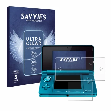 Vorderseite einer Produktverpackung mit dem Markenlogo Savvies. Daneben ist das Gerät Nintendo 3DS mit dem zugehörigen Display