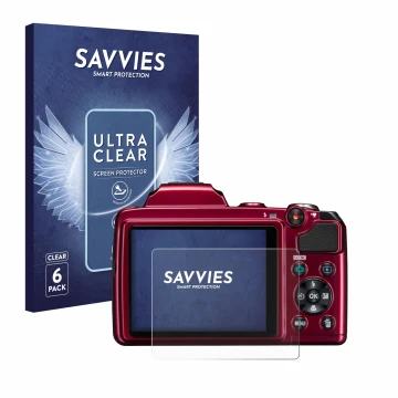 Vorderseite einer Produktverpackung mit dem Markenlogo Savvies. Daneben ist das Gerät Nikon Coolpix L120 mit dem zugehörigen D