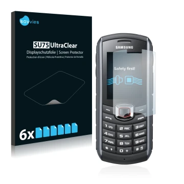 Vorderseite einer Produktverpackung mit dem Markenlogo Savvies. Daneben ist das Gerät Samsung GT-B2710 mit dem zugehörigen Dis