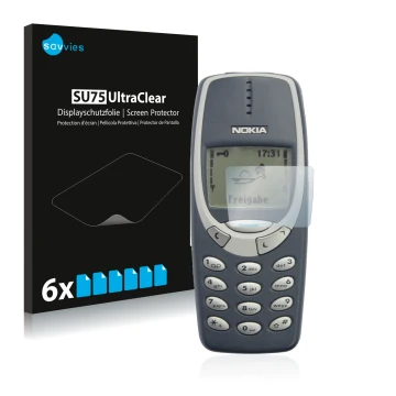Vorderseite einer Produktverpackung mit dem Markenlogo Savvies. Daneben ist das Gerät Nokia 3310 2011 mit dem zugehörigen Disp
